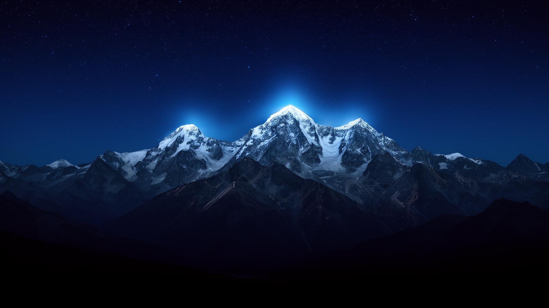 Mountain peaks at night with subtle circuit traces